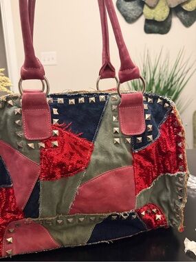 Nicole Lee Pink and Red Patchwork Studded Tote